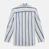 View 3 of product The Turnbull & Asser Blue Blazer Stripe Pyjama Shirt features a collar, chest pocket, and vertical blue, white, and light red stripes—an elegant long-sleeve loungewear piece neatly displayed on a plain white background.