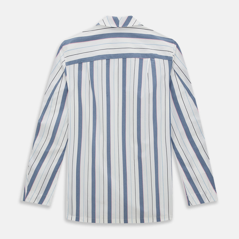 The Turnbull & Asser Blue Blazer Stripe Pyjama Shirt features a collar, chest pocket, and vertical blue, white, and light red stripes—an elegant long-sleeve loungewear piece neatly displayed on a plain white background.