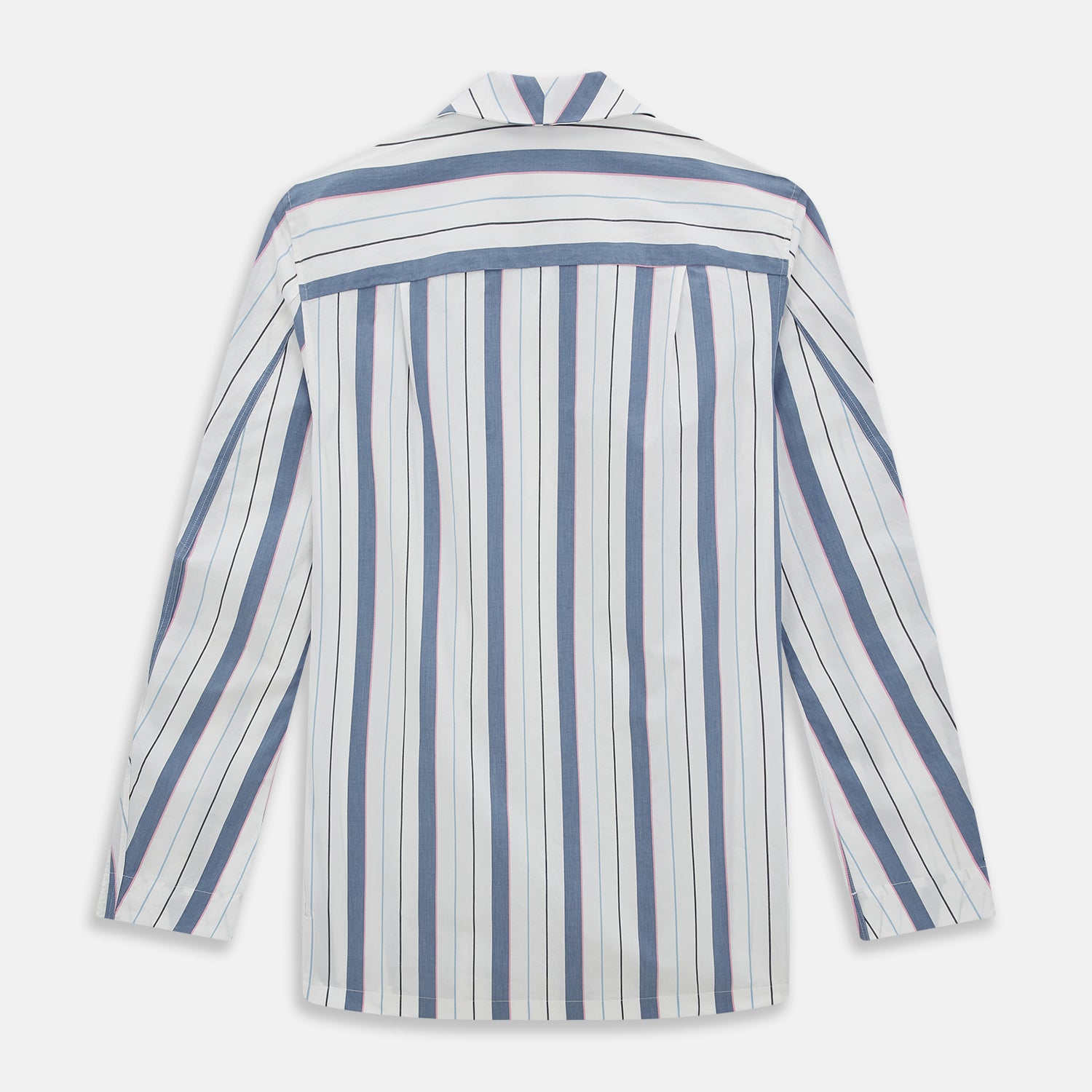 View 3 of product The Turnbull & Asser Blue Blazer Stripe Pyjama Shirt features a collar, chest pocket, and vertical blue, white, and light red stripes—an elegant long-sleeve loungewear piece neatly displayed on a plain white background.