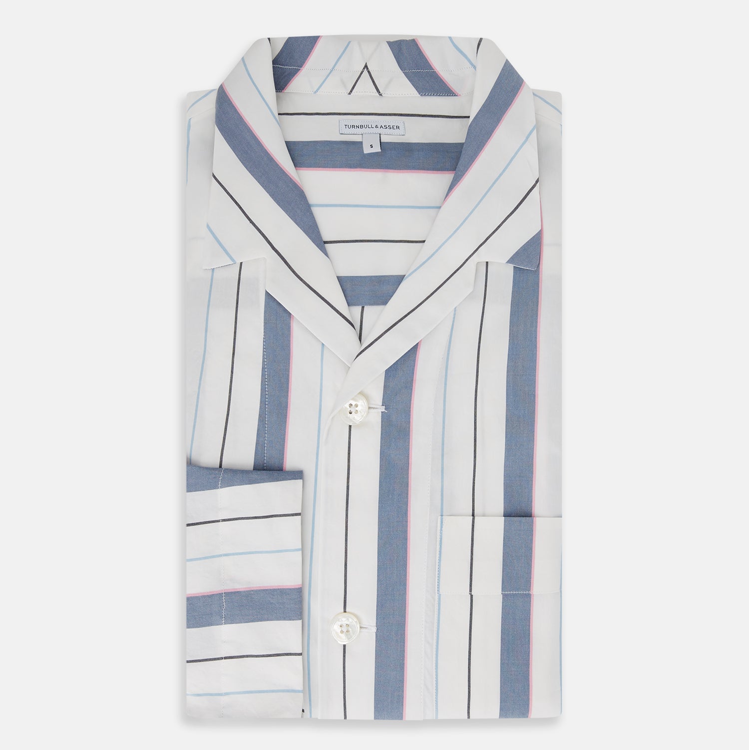 View 5 of product The Turnbull & Asser Blue Blazer Stripe Pyjama Shirt features a collar, chest pocket, and vertical blue, white, and light red stripes—an elegant long-sleeve loungewear piece neatly displayed on a plain white background.