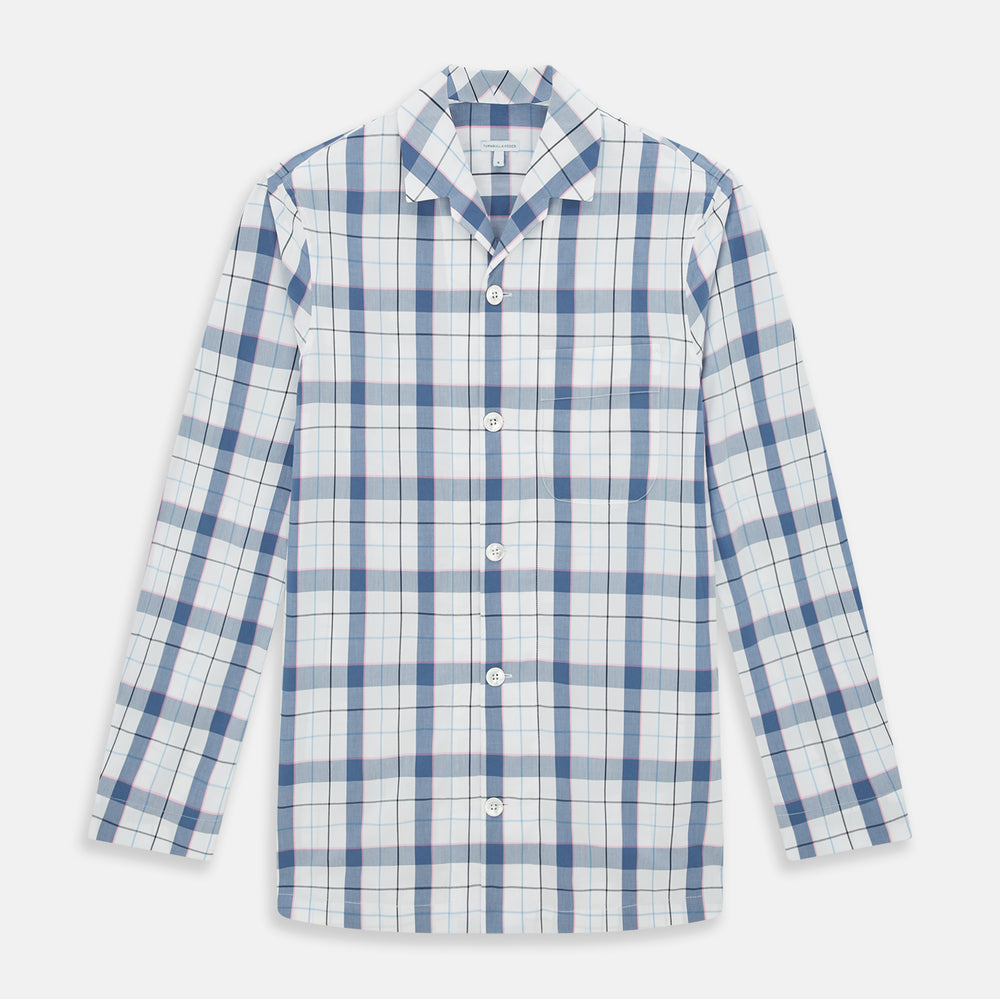 The Turnbull & Asser Blue Blazer Check Pyjama Shirt features long sleeves, a classic collar, and white buttons in a blue and white plaid, offering elegant loungewear style.