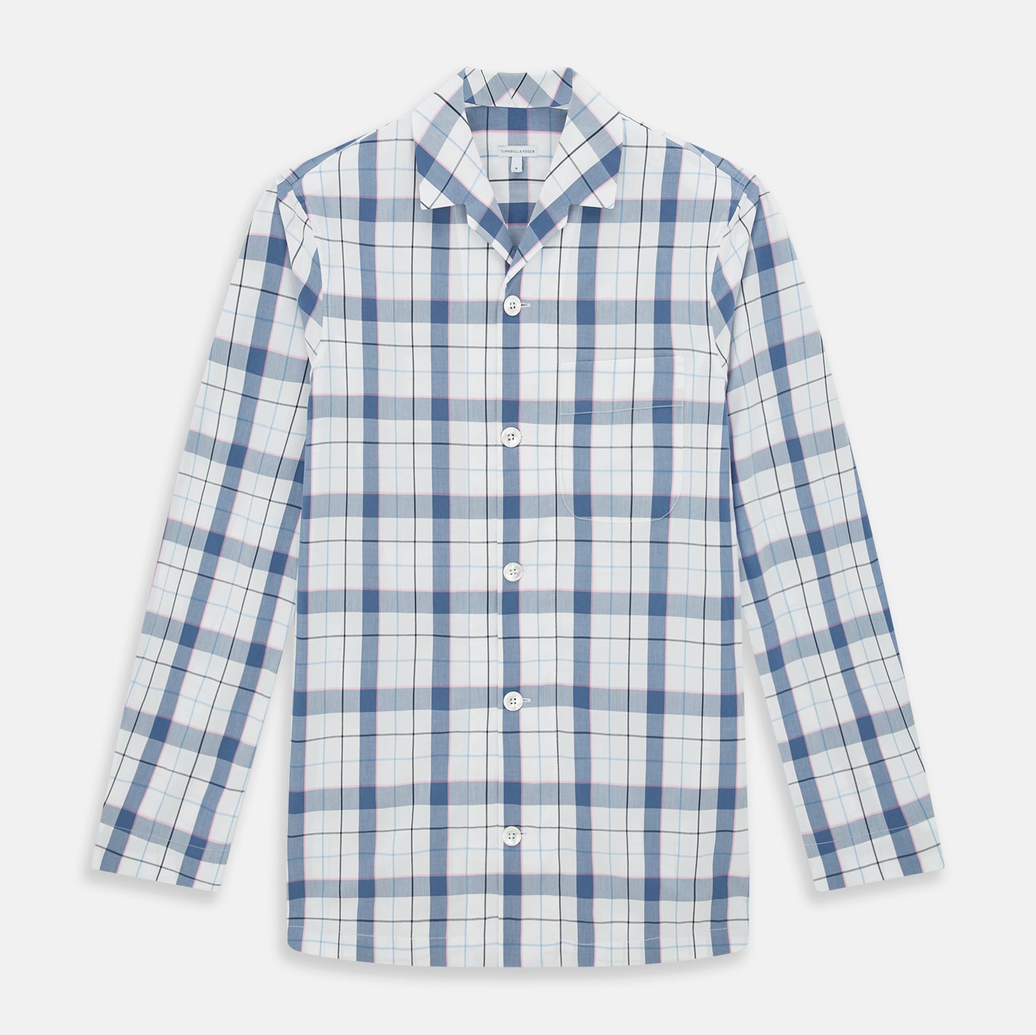 View 1 of product The Turnbull & Asser Blue Blazer Check Pyjama Shirt features long sleeves, a classic collar, and white buttons in a blue and white plaid, offering elegant loungewear style.