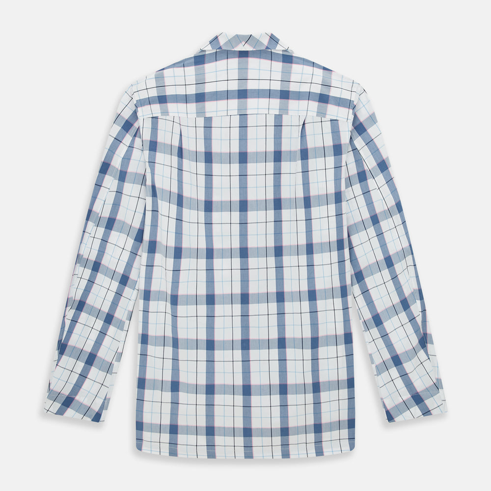 The Turnbull & Asser Blue Blazer Check Pyjama Shirt features long sleeves, a classic collar, and white buttons in a blue and white plaid, offering elegant loungewear style.