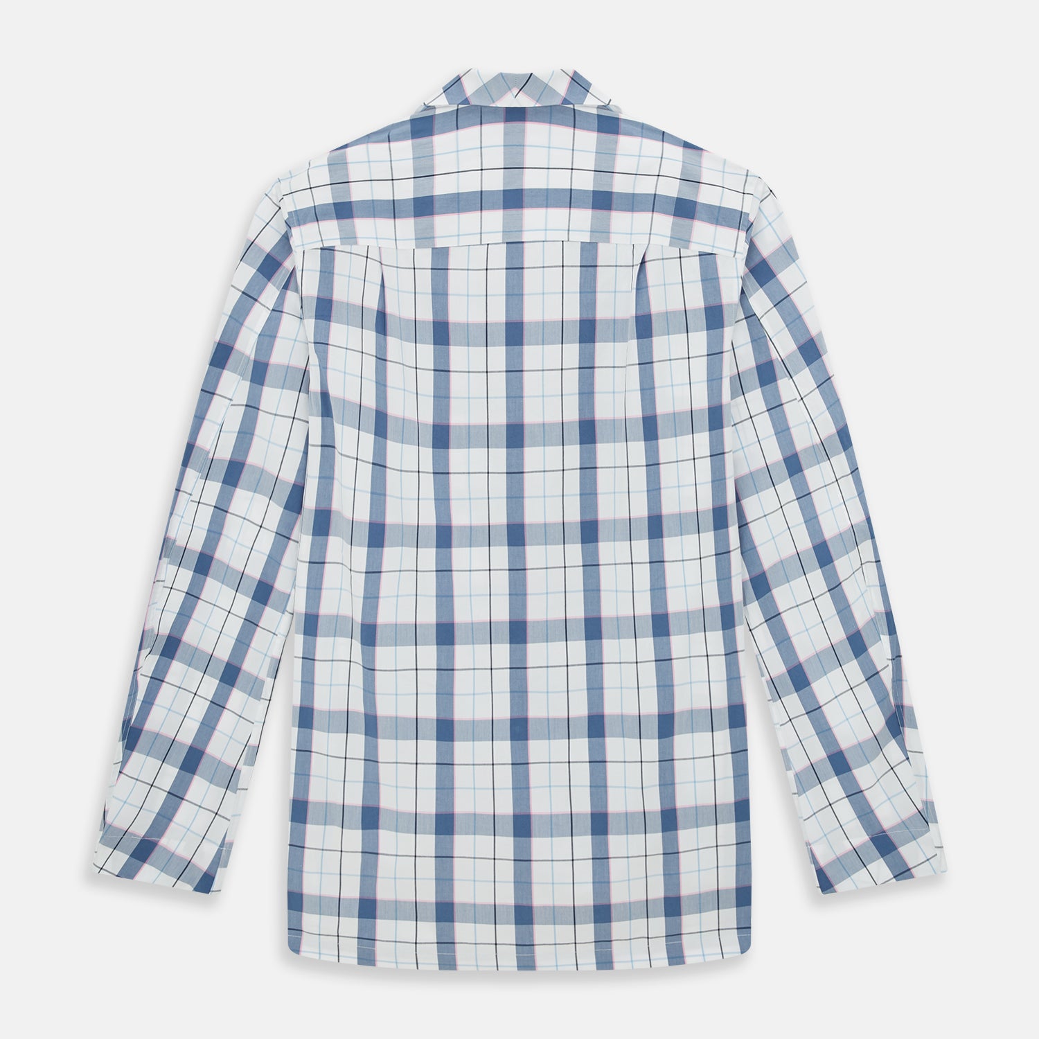 View 3 of product The Turnbull & Asser Blue Blazer Check Pyjama Shirt features long sleeves, a classic collar, and white buttons in a blue and white plaid, offering elegant loungewear style.