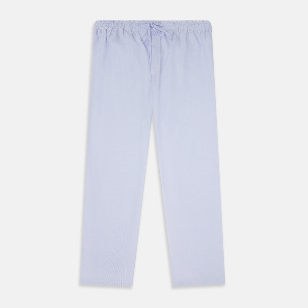 Turnbull & Asser Pale Blue Fine Stripe Pyjama Trousers with elastic waistband and drawstring, shown flat against a white background.