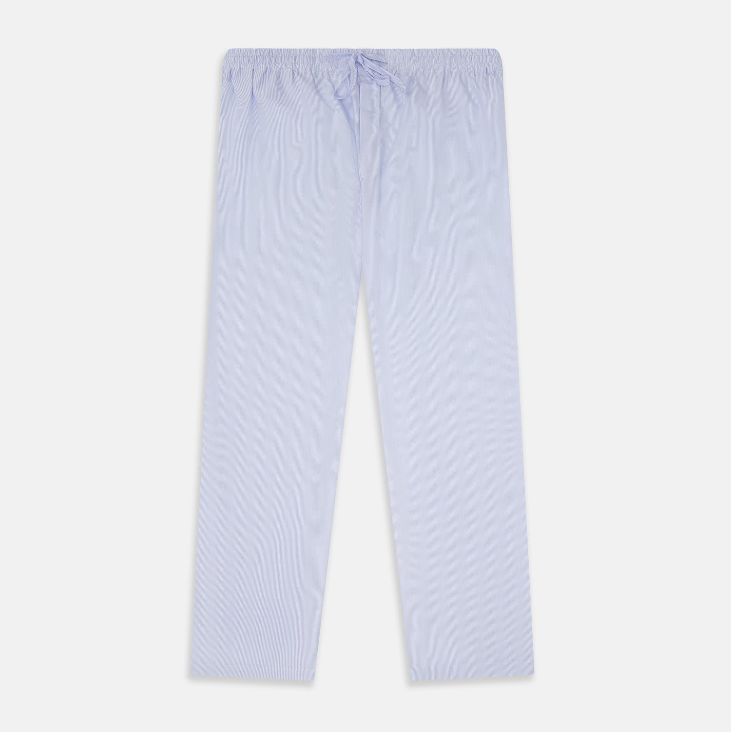View 1 of product Turnbull & Asser Pale Blue Fine Stripe Pyjama Trousers with elastic waistband and drawstring, shown flat against a white background.