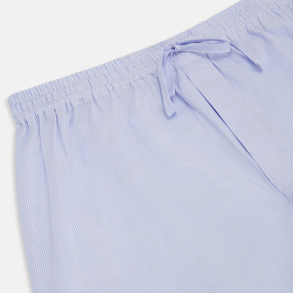 Turnbull & Asser Pale Blue Fine Stripe Pyjama Trousers with elastic waistband and drawstring, shown flat against a white background.