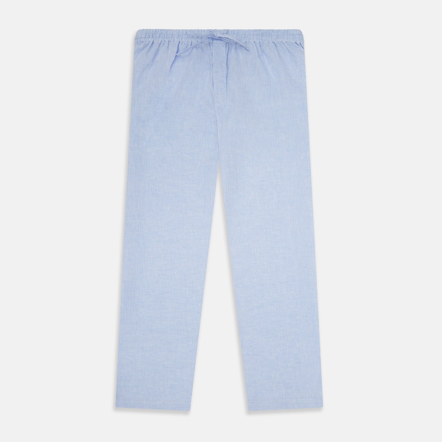 View 1 of product Turnbull & Asser Pale Blue Linen Pyjama Trousers feature an elastic waistband with drawstring, relaxed straight-leg fit, and no visible patterns or embellishments, displayed flat on a white background.