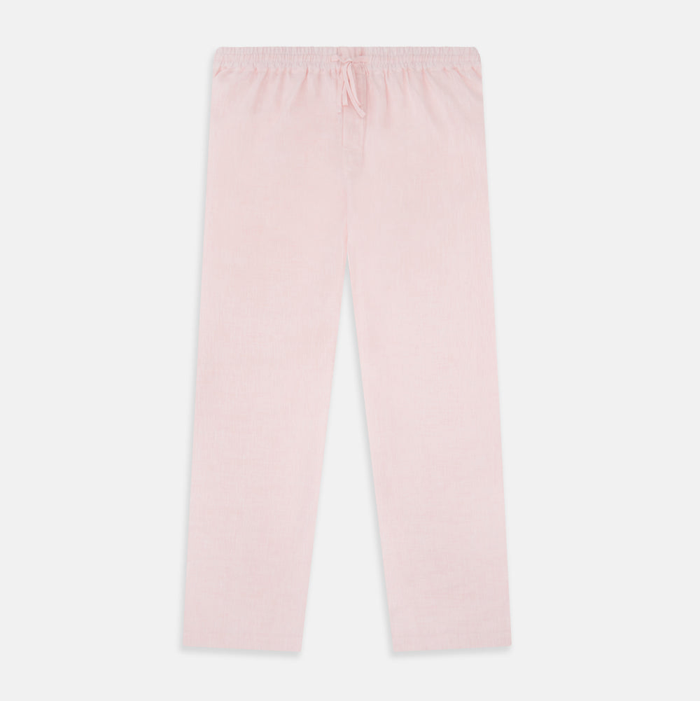 The Turnbull & Asser Pale Pink Linen Pyjama Trousers feature an elastic waistband and drawstring, combining comfort and style. Displayed flat on a plain white background, these trousers are perfect sleepwear.