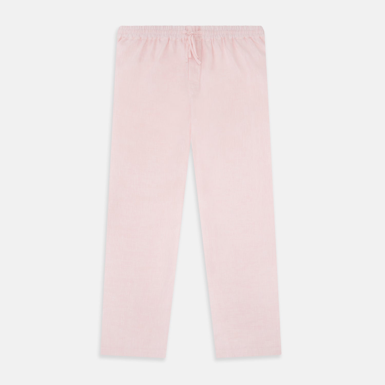 View 1 of product The Turnbull & Asser Pale Pink Linen Pyjama Trousers feature an elastic waistband and drawstring, combining comfort and style. Displayed flat on a plain white background, these trousers are perfect sleepwear.
