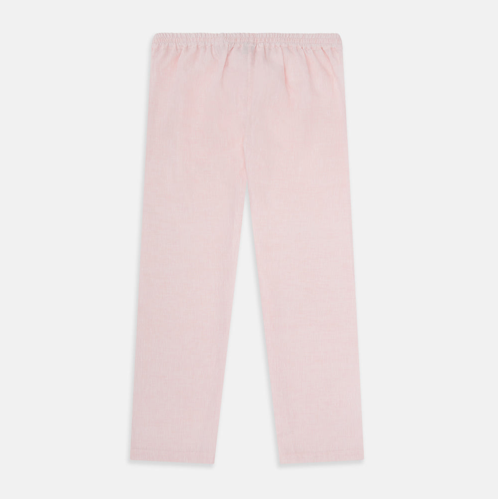 The Turnbull & Asser Pale Pink Linen Pyjama Trousers feature an elastic waistband and drawstring, combining comfort and style. Displayed flat on a plain white background, these trousers are perfect sleepwear.