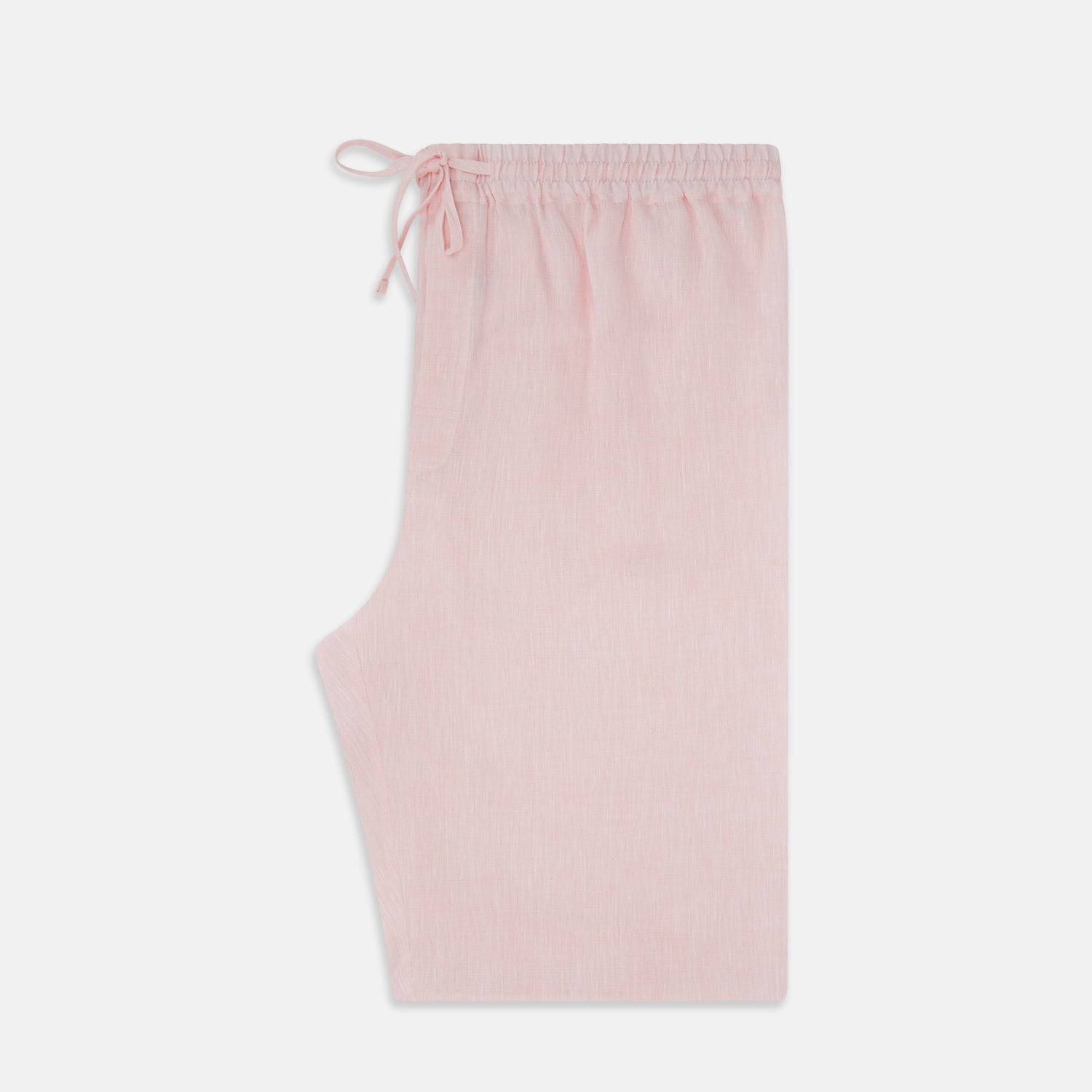 View 4 of product The Turnbull & Asser Pale Pink Linen Pyjama Trousers feature an elastic waistband and drawstring, combining comfort and style. Displayed flat on a plain white background, these trousers are perfect sleepwear.