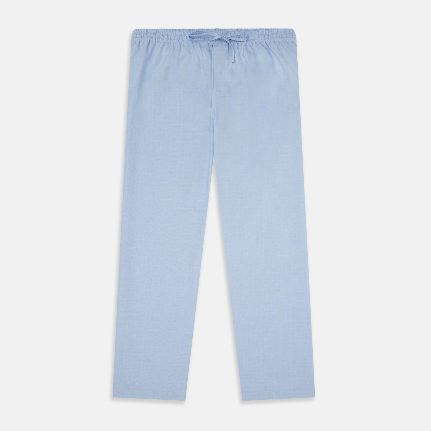 View 1 of product The Blue Prince of Wales Check Pyjama Trousers by Turnbull & Asser, featuring a subtle check pattern, elastic waistband, and drawstring tie, are laid flat on a white background.