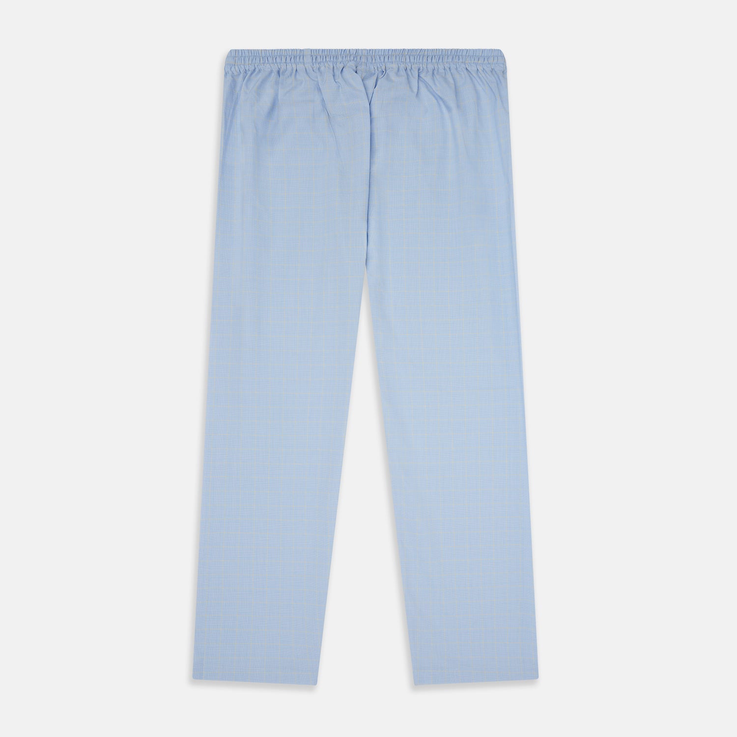 View 3 of product The Blue Prince of Wales Check Pyjama Trousers by Turnbull & Asser, featuring a subtle check pattern, elastic waistband, and drawstring tie, are laid flat on a white background.