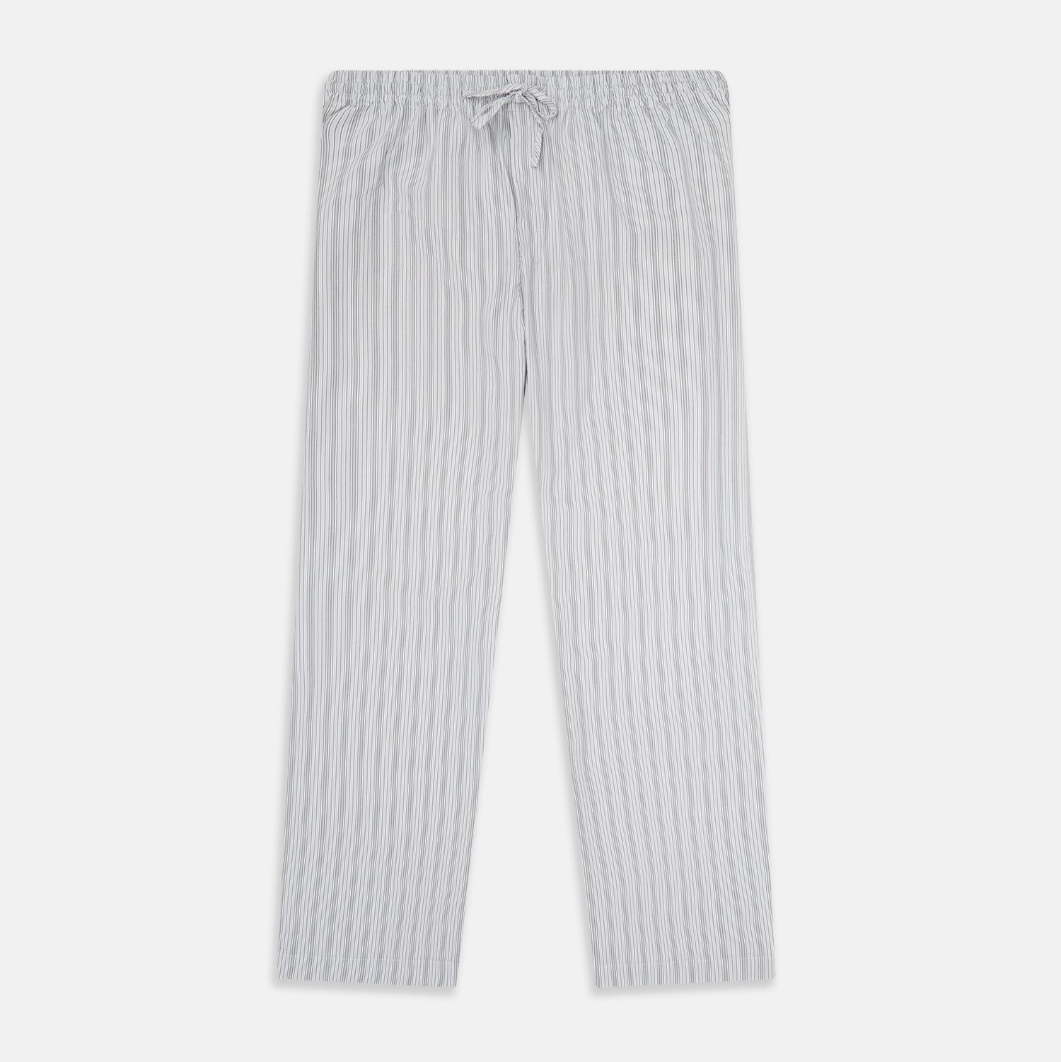 View 1 of product Turnbull & Asser’s Grey Fine Track Stripe Pyjama Trousers feature vertical white pinstripes, a relaxed fit, and an elastic drawstring waistband—ideal for comfortable sleepwear.