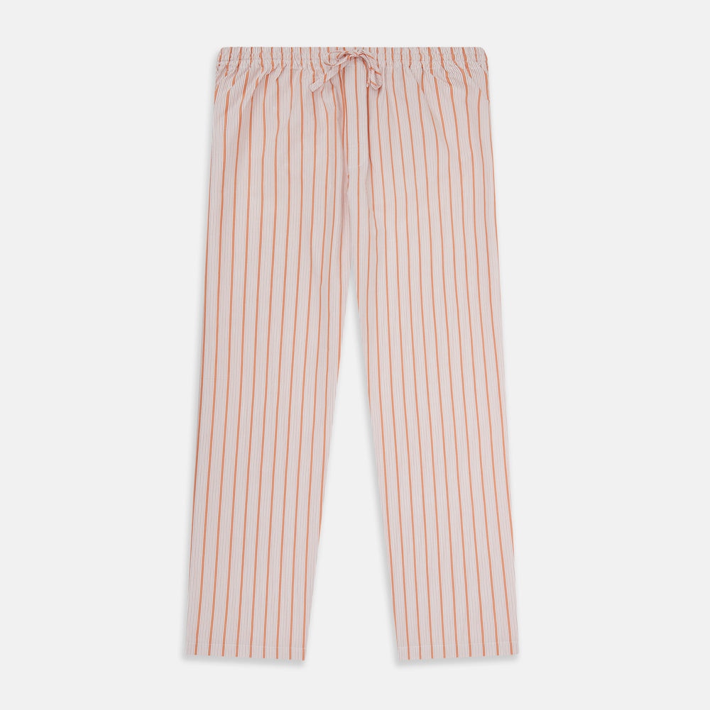 Turnbull & Asser's Orange Multi Track Stripe Pyjama Trousers feature vertical stripes, an elastic waistband, and a drawstring tie—ideal for comfort lovers. Displayed flat on a plain white background.