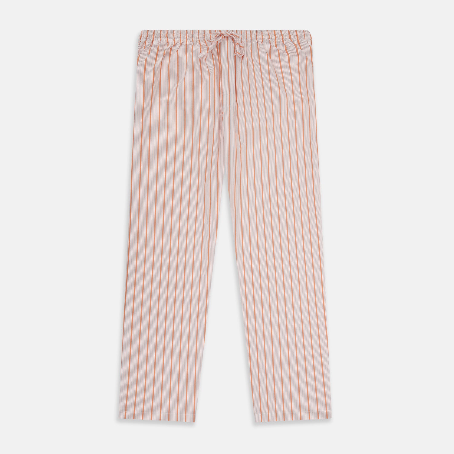View 1 of product Turnbull & Asser's Orange Multi Track Stripe Pyjama Trousers feature vertical stripes, an elastic waistband, and a drawstring tie—ideal for comfort lovers. Displayed flat on a plain white background.