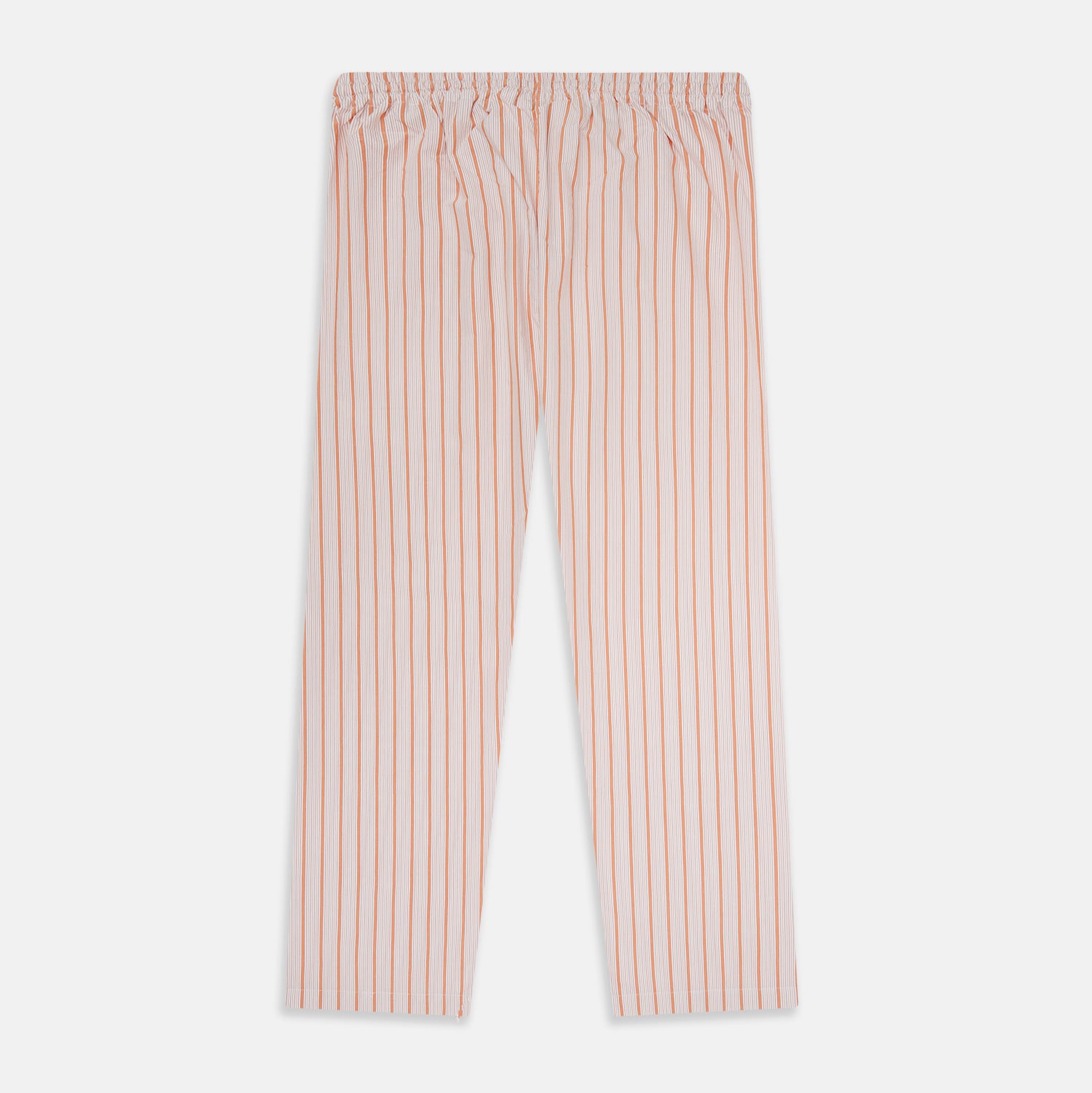 View 3 of product Turnbull & Asser's Orange Multi Track Stripe Pyjama Trousers feature vertical stripes, an elastic waistband, and a drawstring tie—ideal for comfort lovers. Displayed flat on a plain white background.