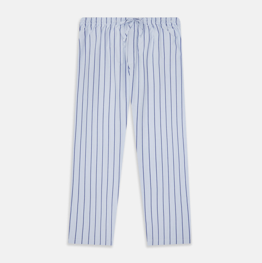 Turnbull & Asser Blue Track Stripe Pyjama Trousers in light blue cotton with dark blue vertical pinstripes and a drawstring waist, shown laid flat on a white background.