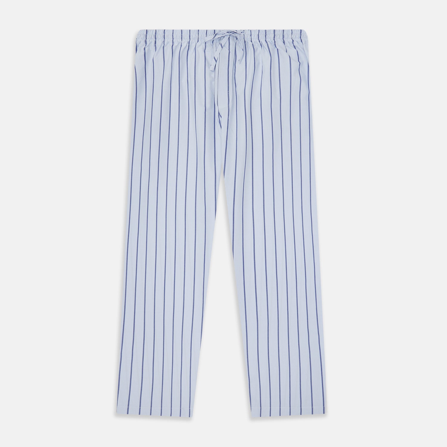 View 1 of product Turnbull & Asser Blue Track Stripe Pyjama Trousers in light blue cotton with dark blue vertical pinstripes and a drawstring waist, shown laid flat on a white background.