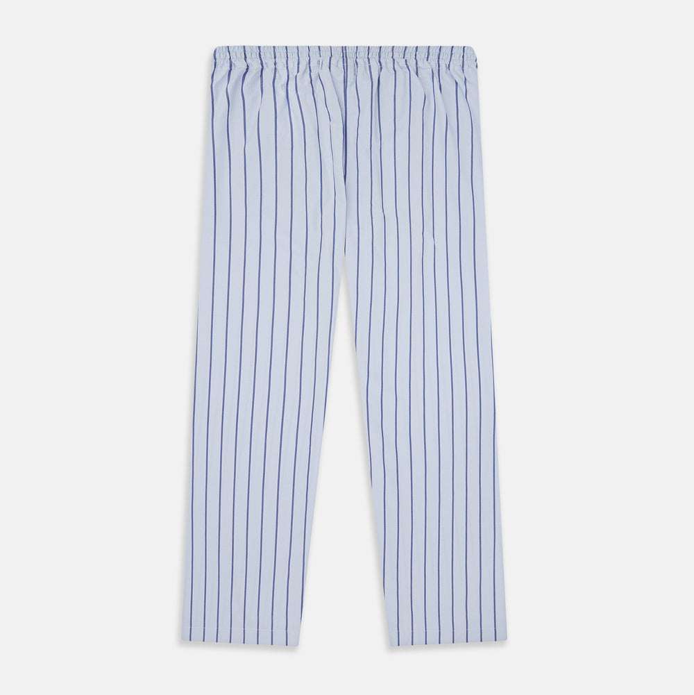 Turnbull & Asser Blue Track Stripe Pyjama Trousers in light blue cotton with dark blue vertical pinstripes and a drawstring waist, shown laid flat on a white background.