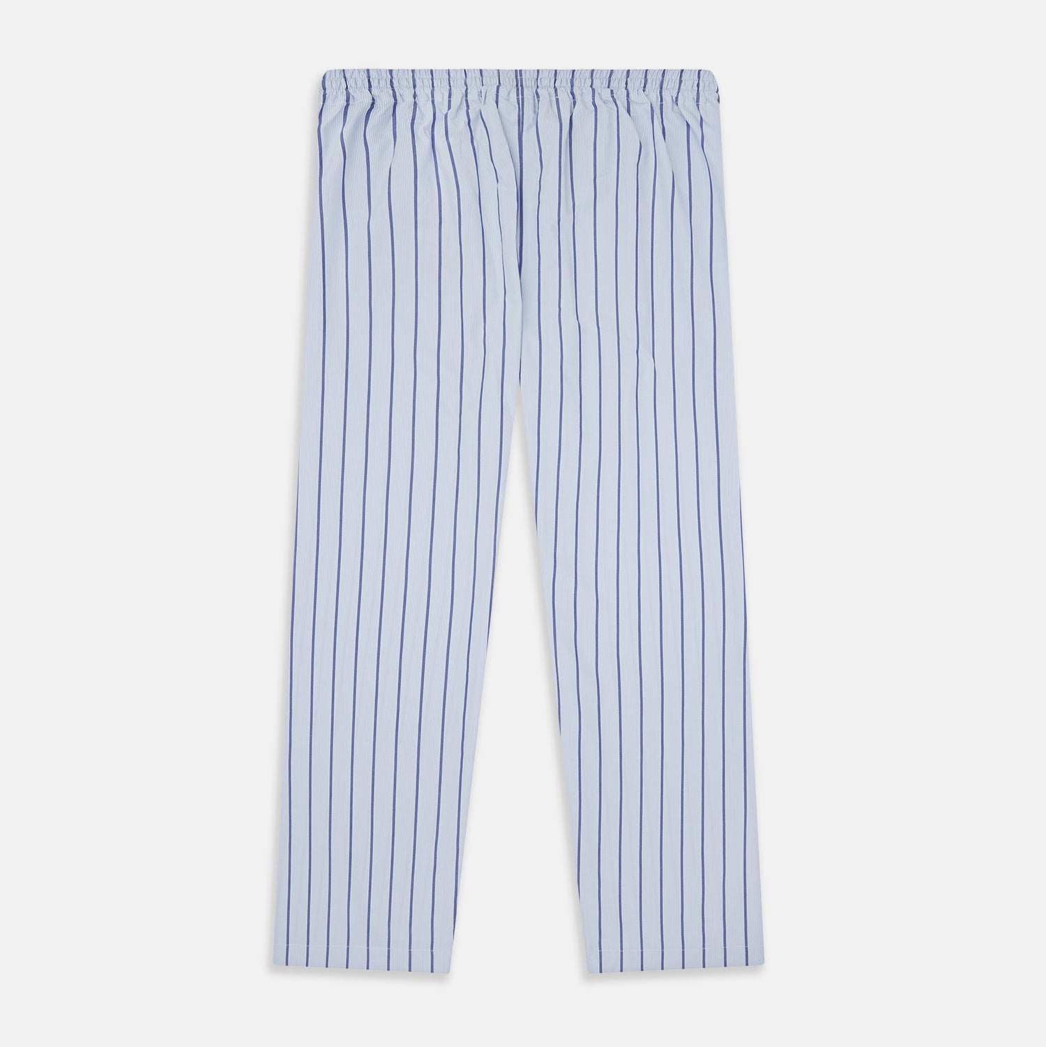 View 3 of product Turnbull & Asser Blue Track Stripe Pyjama Trousers in light blue cotton with dark blue vertical pinstripes and a drawstring waist, shown laid flat on a white background.