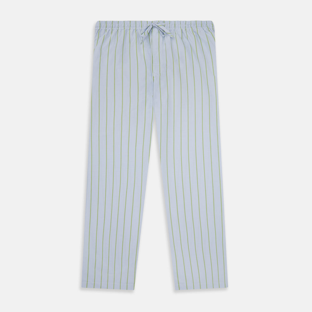 Turnbull & Asser Light Green and Blue Stripe Pyjama Trousers feature a loose fit and elastic drawstring waistband. Made from cotton, these loungewear trousers are shown flat on a white background, ideal for comfort and style.