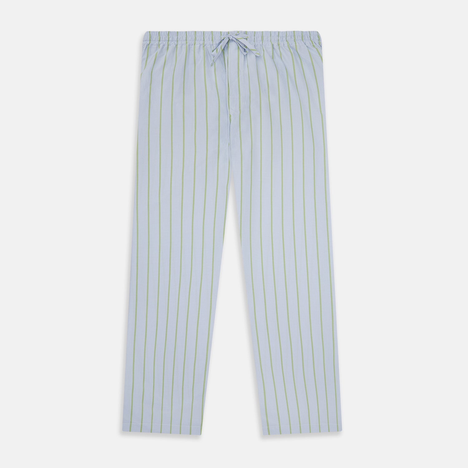 View 1 of product Turnbull & Asser Light Green and Blue Stripe Pyjama Trousers feature a loose fit and elastic drawstring waistband. Made from cotton, these loungewear trousers are shown flat on a white background, ideal for comfort and style.