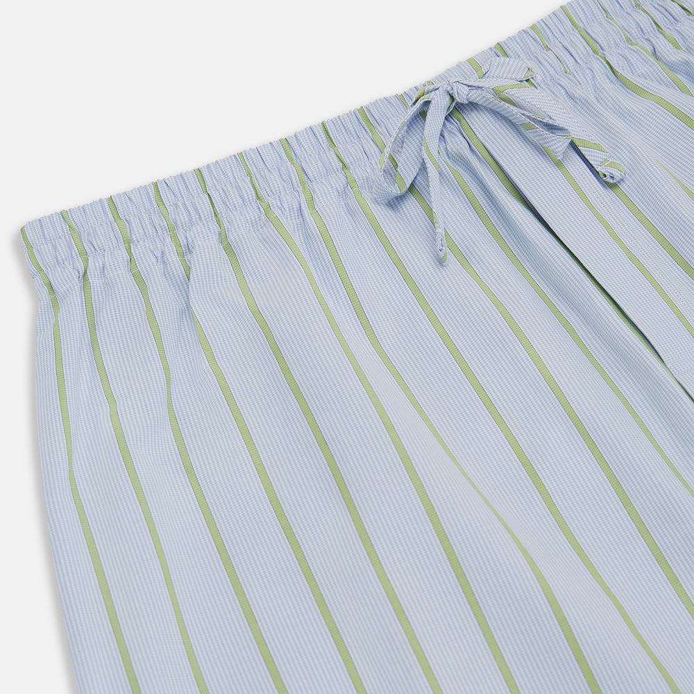 Turnbull & Asser Light Green and Blue Stripe Pyjama Trousers feature a loose fit and elastic drawstring waistband. Made from cotton, these loungewear trousers are shown flat on a white background, ideal for comfort and style.