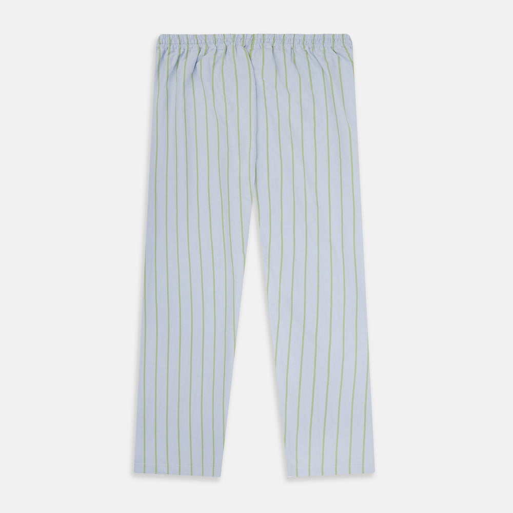Turnbull & Asser Light Green and Blue Stripe Pyjama Trousers feature a loose fit and elastic drawstring waistband. Made from cotton, these loungewear trousers are shown flat on a white background, ideal for comfort and style.