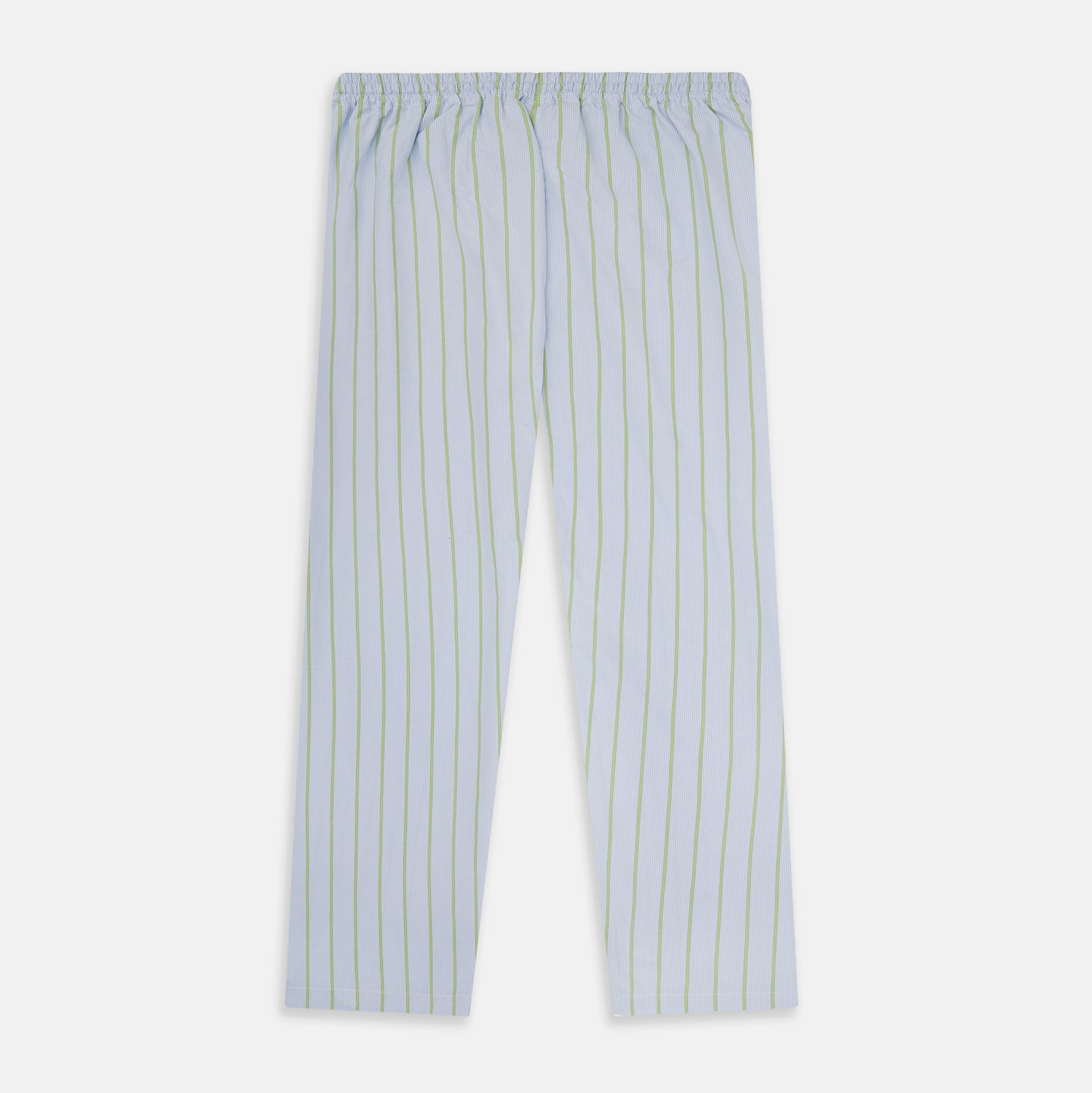 View 3 of product Turnbull & Asser Light Green and Blue Stripe Pyjama Trousers feature a loose fit and elastic drawstring waistband. Made from cotton, these loungewear trousers are shown flat on a white background, ideal for comfort and style.