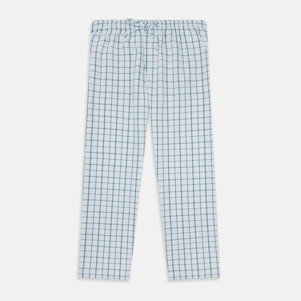 Turnbull & Asser Blue and Green Tattersall Check Pyjama Trousers with elastic waistband and drawstring, featuring a simple straight-leg design, shown laid flat on a white background.