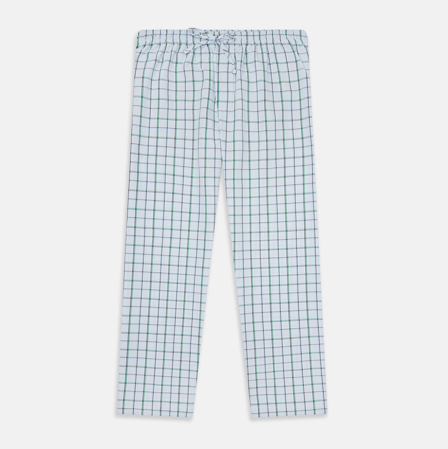 View 1 of product Turnbull & Asser Blue and Green Tattersall Check Pyjama Trousers with elastic waistband and drawstring, featuring a simple straight-leg design, shown laid flat on a white background.