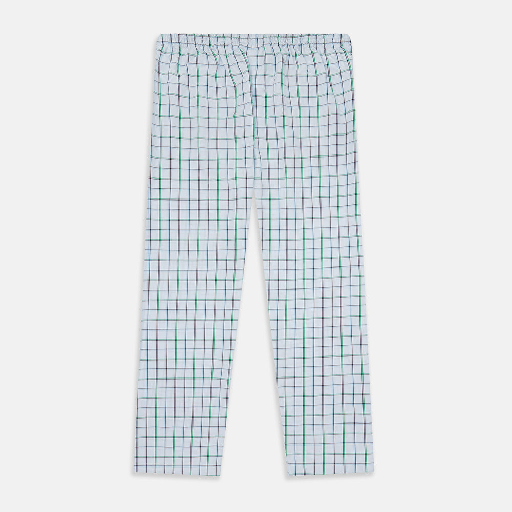 Turnbull & Asser Blue and Green Tattersall Check Pyjama Trousers with elastic waistband and drawstring, featuring a simple straight-leg design, shown laid flat on a white background.