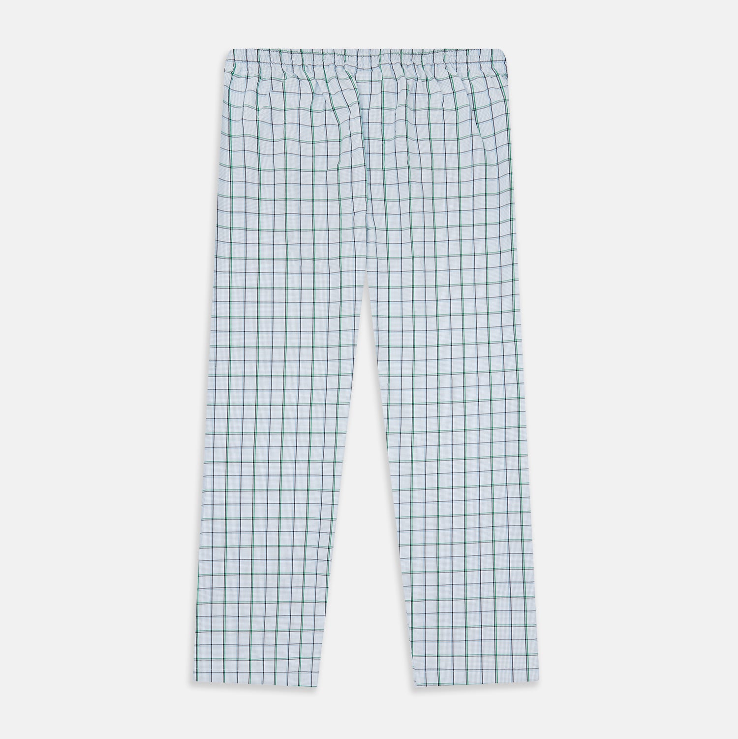 View 3 of product Turnbull & Asser Blue and Green Tattersall Check Pyjama Trousers with elastic waistband and drawstring, featuring a simple straight-leg design, shown laid flat on a white background.