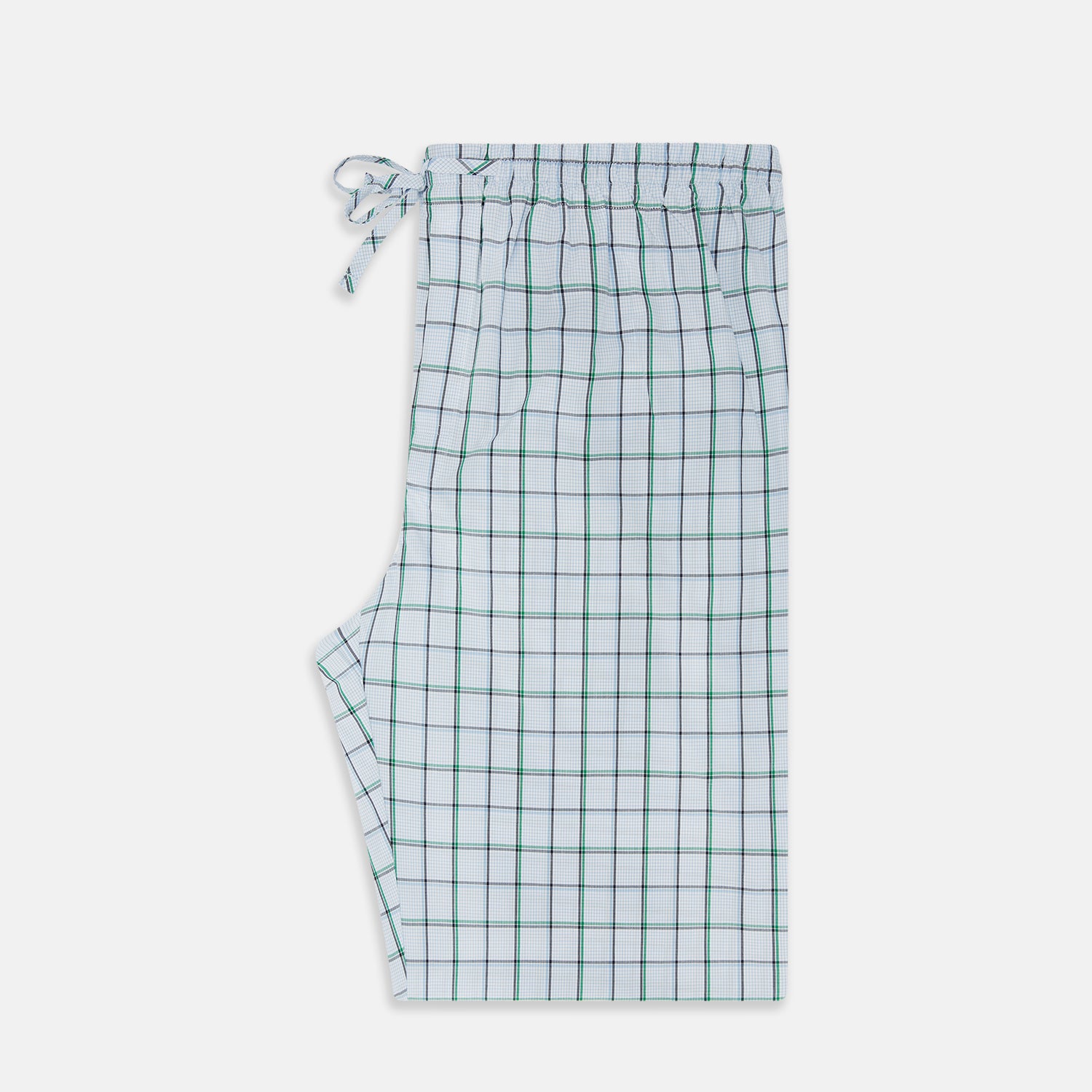 View 4 of product Turnbull & Asser Blue and Green Tattersall Check Pyjama Trousers with elastic waistband and drawstring, featuring a simple straight-leg design, shown laid flat on a white background.
