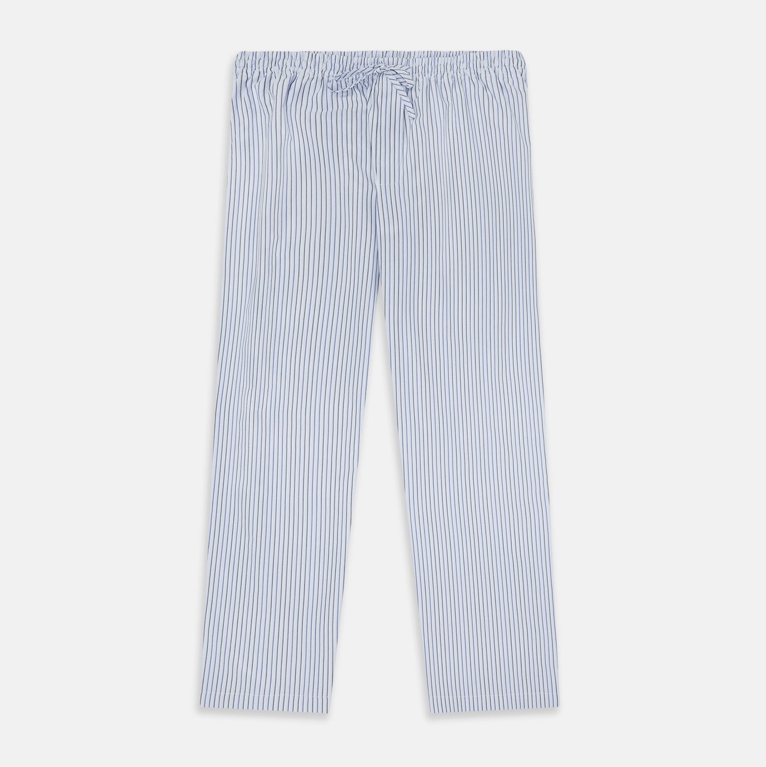 View 1 of product Turnbull & Asser Blue Shadow Pinstripe Pyjama Trousers, featuring blue and white vertical stripes and an elastic waistband, are displayed flat on a white background.