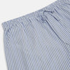 View 2 of product Turnbull & Asser Blue Shadow Pinstripe Pyjama Trousers, featuring blue and white vertical stripes and an elastic waistband, are displayed flat on a white background.