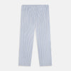 View 3 of product Turnbull & Asser Blue Shadow Pinstripe Pyjama Trousers, featuring blue and white vertical stripes and an elastic waistband, are displayed flat on a white background.