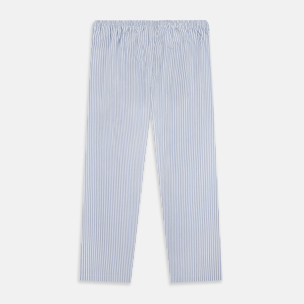Turnbull & Asser Blue Shadow Pinstripe Pyjama Trousers, featuring blue and white vertical stripes and an elastic waistband, are displayed flat on a white background.