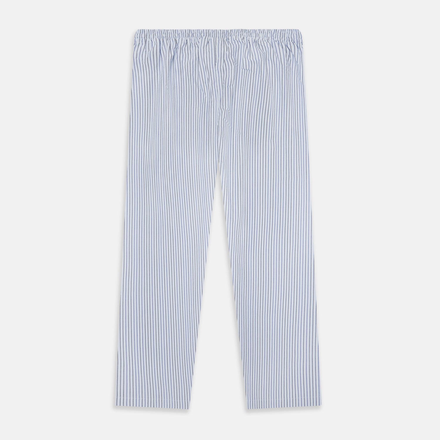 View 3 of product Turnbull & Asser Blue Shadow Pinstripe Pyjama Trousers, featuring blue and white vertical stripes and an elastic waistband, are displayed flat on a white background.