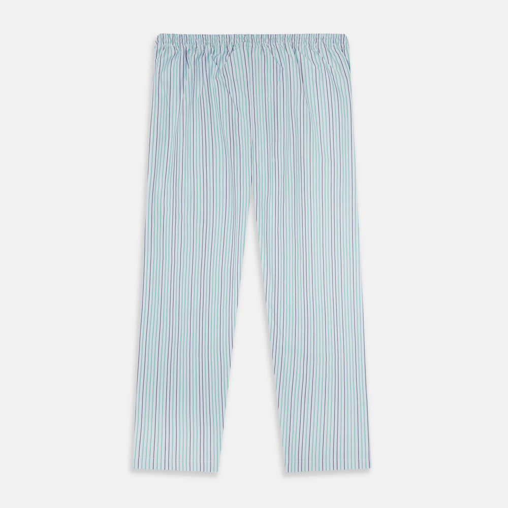 Turnbull & Asser Green and Blue Shadow Pinstripe Pyjama Trousers, featuring a comfortable drawstring waistband, laid flat on a white background.