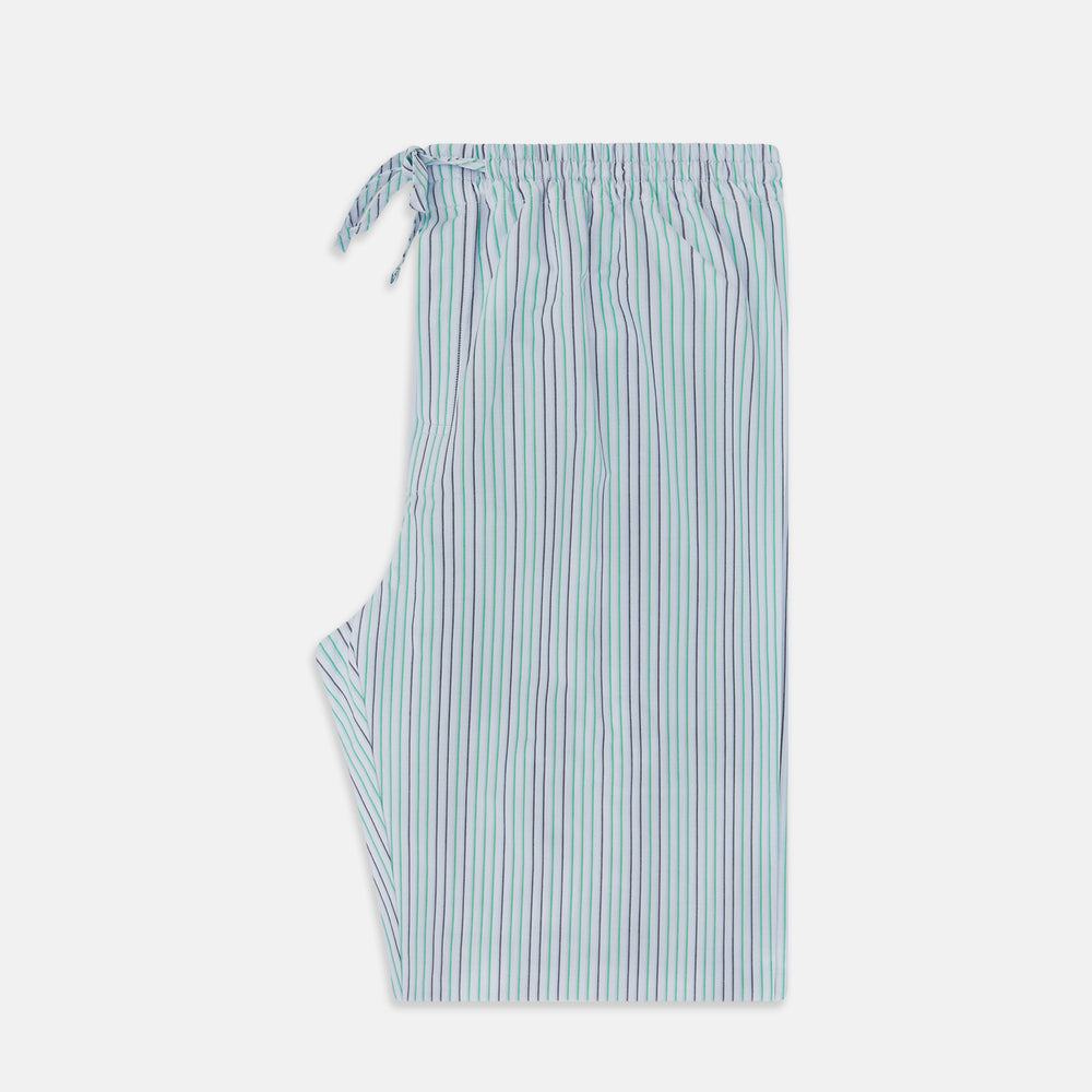 Turnbull & Asser Green and Blue Shadow Pinstripe Pyjama Trousers, featuring a comfortable drawstring waistband, laid flat on a white background.