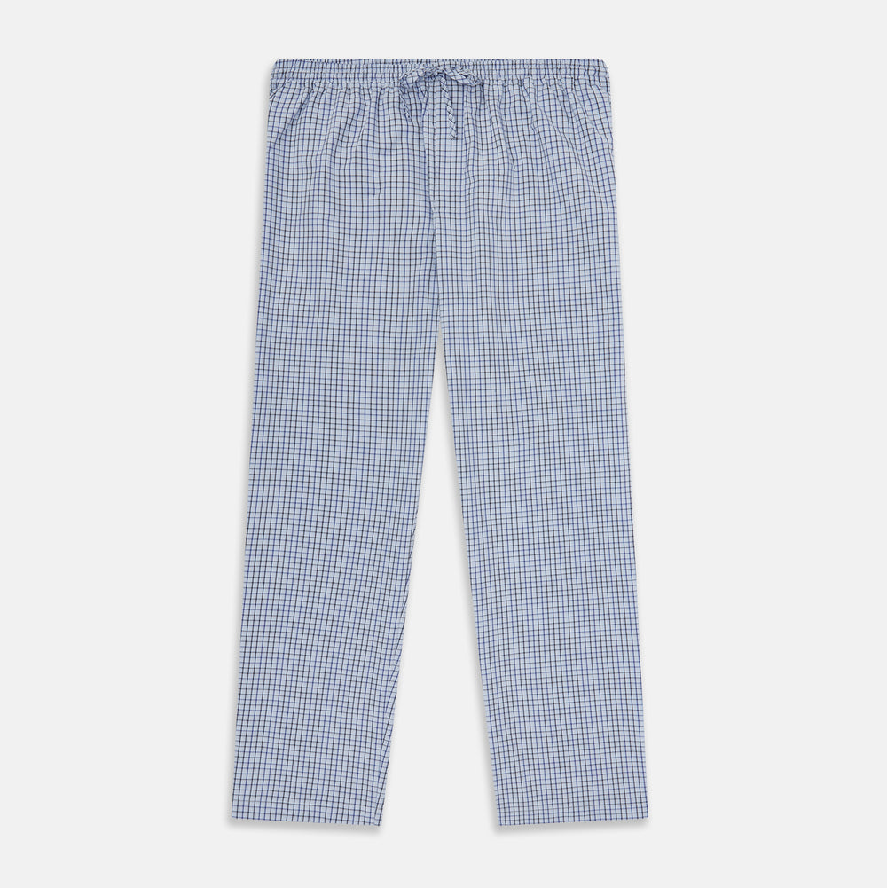 Turnbull & Asser Blue Shadow Check Pyjama Trousers feature cotton fabric, an elastic waistband, and a drawstring, shown flat on a white background.