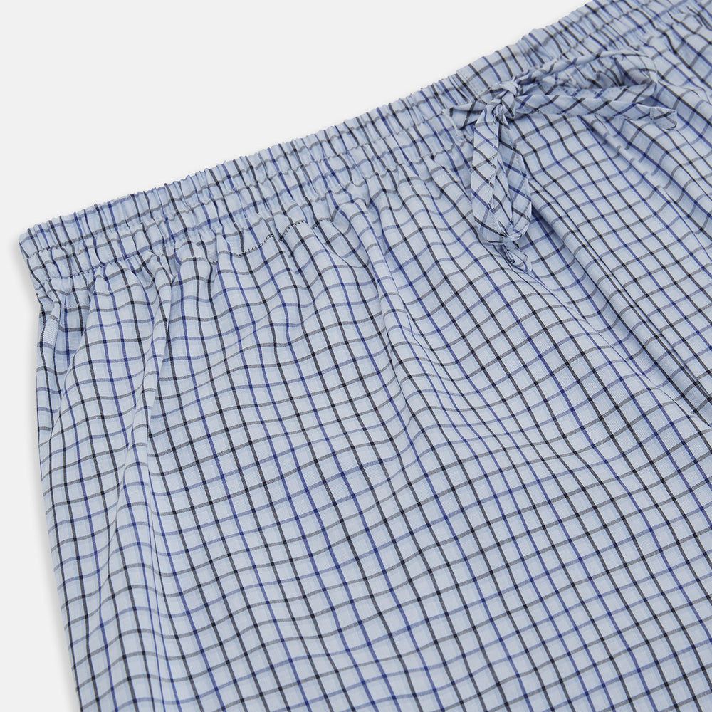 Turnbull & Asser Blue Shadow Check Pyjama Trousers feature cotton fabric, an elastic waistband, and a drawstring, shown flat on a white background.