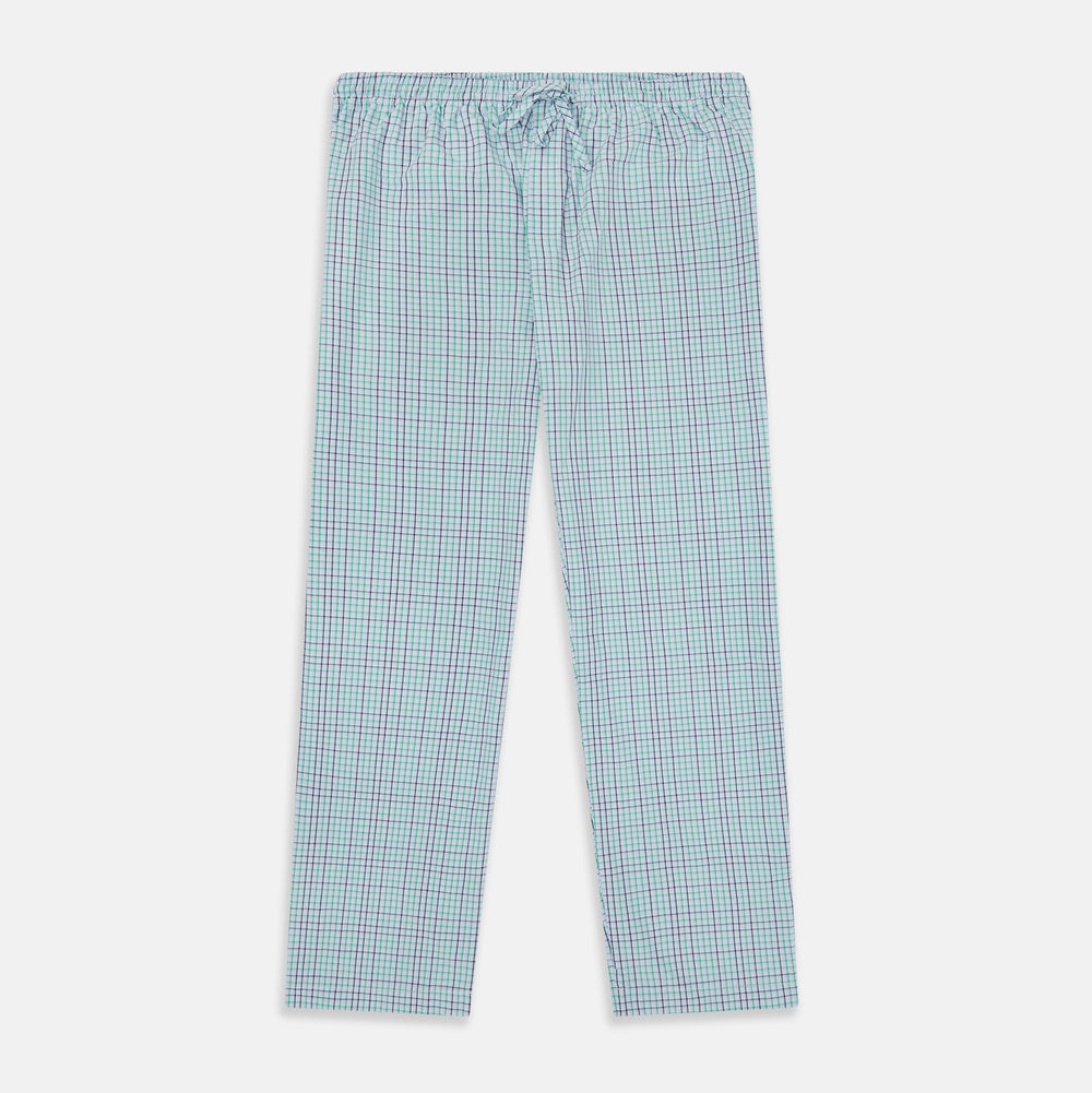 Turnbull & Asser Green and Blue Shadow Check Pyjama Trousers feature an elastic waistband and drawstring, shown flat on a white background. Ideal to pair with your favorite cotton T-shirt for a cozy night's sleep.