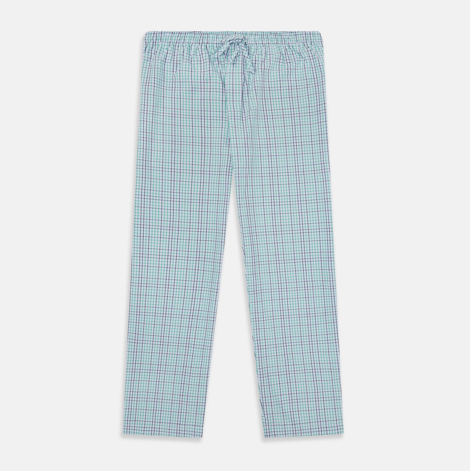 View 1 of product Turnbull & Asser Green and Blue Shadow Check Pyjama Trousers feature an elastic waistband and drawstring, shown flat on a white background. Ideal to pair with your favorite cotton T-shirt for a cozy night's sleep.