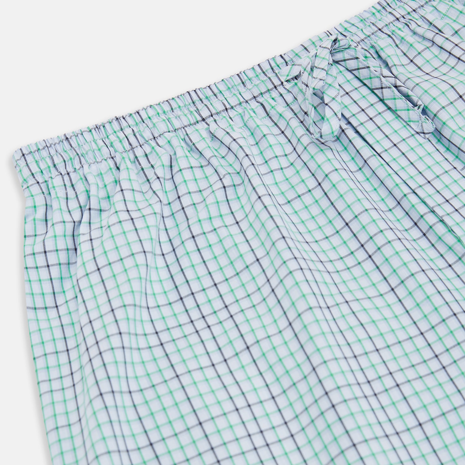 View 2 of product Turnbull & Asser Green and Blue Shadow Check Pyjama Trousers feature an elastic waistband and drawstring, shown flat on a white background. Ideal to pair with your favorite cotton T-shirt for a cozy night's sleep.