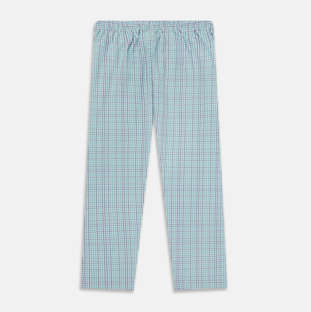 Turnbull & Asser Green and Blue Shadow Check Pyjama Trousers feature an elastic waistband and drawstring, shown flat on a white background. Ideal to pair with your favorite cotton T-shirt for a cozy night's sleep.