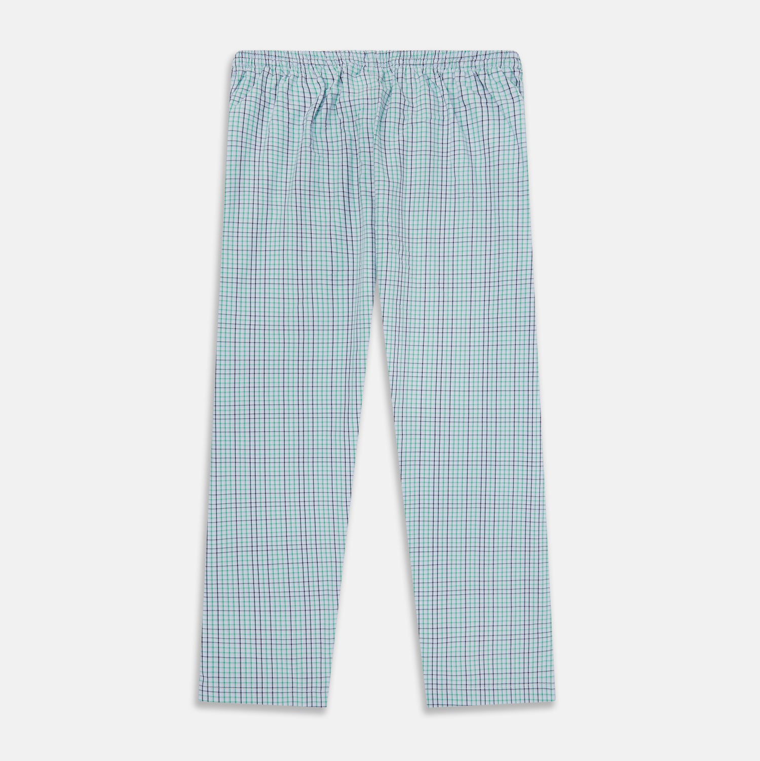 View 3 of product Turnbull & Asser Green and Blue Shadow Check Pyjama Trousers feature an elastic waistband and drawstring, shown flat on a white background. Ideal to pair with your favorite cotton T-shirt for a cozy night's sleep.